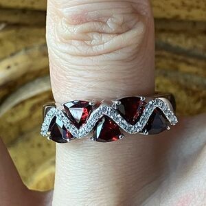 Natural Red Garnet Simulated Diamond Sterling Silver Ring Size 7